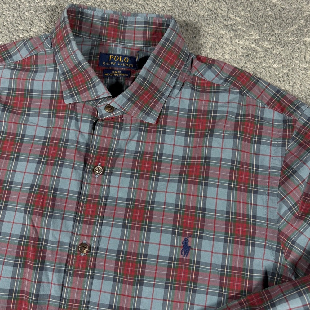 Polo‎ Ralph Lauren Plaid Multicolor Slim Fit Cotton Stretch Button Up Shirt 2XL
